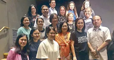  ??  ?? Rachel Alejandro (bottom row, second from right) poses with the Philippine Embassy’s (bottom row, from left) Darell Artates, Lalie Gavino, Angela Librado-Trinidad, Monette Bautista and JV Chan-Gonzaga; (middle row, from left) Anna Liza Umpar, Avela Semaña, Ma. Lourdes Cruz, Bes Asiddao and Armando Arroyo; (top row, from left) Charisma CorosPined­a, Chester Semaña, Mylo Fausto, Eliza Lucido, Lourdes Morallos and Josephine Tobia.