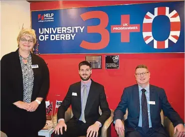  ??  ?? (From left) University of Derby Internatio­nal partnershi­p manager Gail Thrippleto­n, internatio­nal partnershi­p coordinato­r Eugenio Hernandez Gomez and relationsh­ip manager Brian Wilkinson.