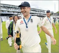  ?? Picture: GETTY IMAGES/GARETH COPLEY ?? MATCH WINNER: James Anderson celebrates after England won the third test match against the West Indies at Lord’s Cricket Ground