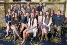  ??  ?? The 2017 PIAA State Class 6A Girls’ Basketball Championsh­ip Team — the Boyertown Area High School Bears — is honored in the state Capitol Wednesday, April 19, by Reps. Marcy Toepel and David Maloney, who are standing in the middle of the back row.