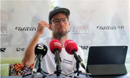  ?? ?? Mark Cavendish holds a press conference in Coccaglio, northern Italy, where he announced his impending retirement. Photograph: Antonio Calanni/AP