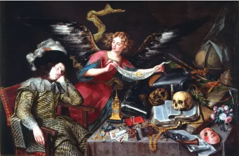  ??  ?? — The Knight’s Dream by Antonio de Pereda, circa 1650. Museo del Prado, Madrid. A Baroque Memento Mori about the ultimate evanescenc­e of riches and glory.