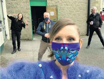  ??  ?? Having a coffee break during filming of A Little Snapshot at the Hawk’s Well Theature: Actor Nichola MacEvilly (in front), actor and playwright Miriam Needham, director John Carty and film and sound designer Joe Hunt.