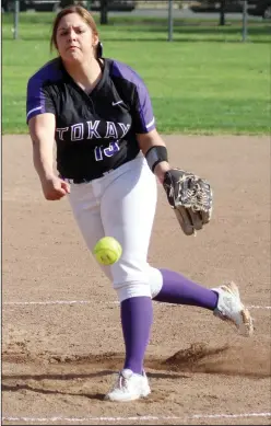  ?? MIKE BUSH/NEWS-SENTINEL ?? Tokay softball pitcher Arianna Lozano unleashes a pitch in a TCAL softball game against cross-town rival Lodi on March 29. The junior went the distance, as the Tigers posted a 6-3 win over the Flames.