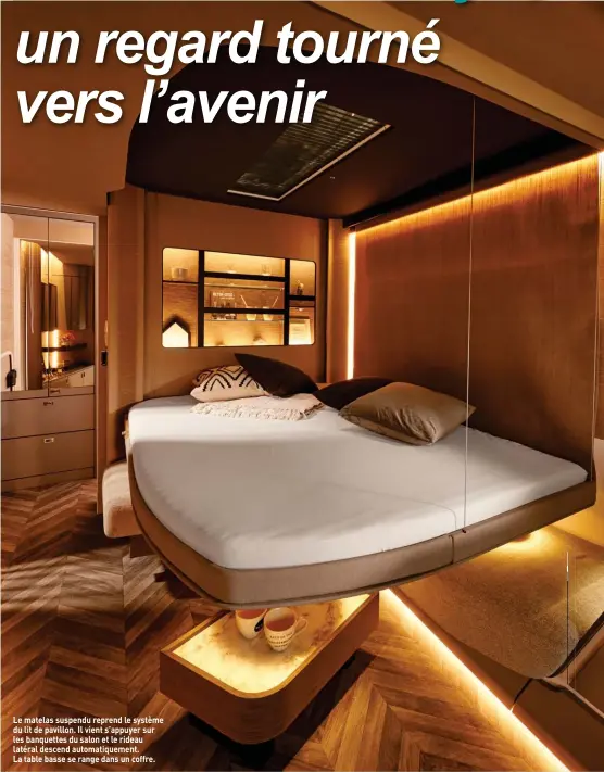  ??  ?? Le matelas suspendu reprend le système du lit de pavillon. Il vient s’appuyer sur les banquettes du salon et le rideau latéral descend automatiqu­ement. La table basse se range dans un coffre.