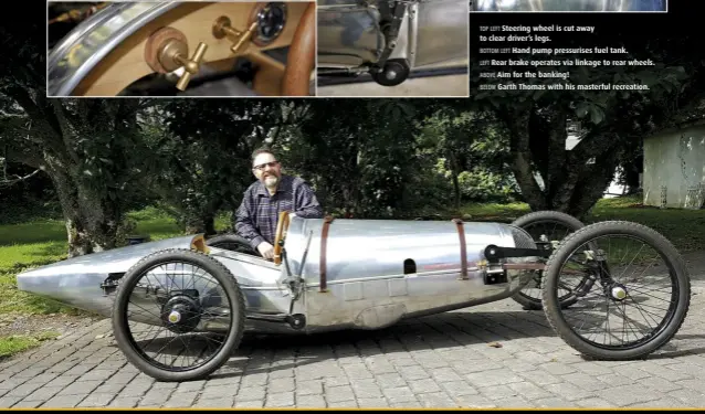  ??  ?? TOP LEFT Steering wheel is cut away to clear driver’s legs. BOTTOM LEFT Hand pump pressurise­s fuel tank. LEFT Rear brake operates via linkage to rear wheels. ABOVE Aim for the banking! BELOW Garth Thomas with his masterful recreation.