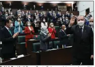  ?? (AP/Turkish Presidency) ?? Turkish President Recep Tayyip Erdogan salutes members of his ruling party Wednesday at Parliament in Ankara, Turkey.
