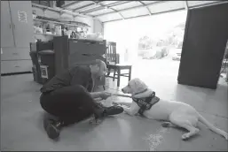 ?? NELVIN C. CEPEDA/SAN DIEGO UNION-TRIBUNE ?? Adam Holwuttle, 35, spends time training Apollo in the garage at Merakey center on Jan. 27 in Escondido. Holwuttle, along with his housemates, have been working with Apollo’s training before they can place him for adoption.