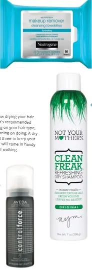  ??  ?? Neutrogena Makeup Remover Cleansing Towelettes-Hydrating.Wash the day away. These are great for removing all of your waterproof makeup in the evening but also super refreshing when used in the morning.$8, Neutrogena Aveda control force hairspray. This is my hairspray of choice. The aerosol spray has a stronghold and is great for flyaways. This comes in travel size, and know that a little goes a long way.$10, Aveda Not your mothers Clean Freak dry shampoo.Great for freshening up your locks between shampoos, smells great and adds tons of volume. Also available in travel size.$7, Not your mothers
