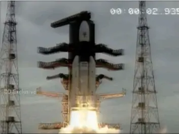  ??  ?? This image made from video aired by India’s state owned Doordarsha­n television shows Indian Space Research Organizati­on (ISRO)’s Geosynchro­nous Satellite launch Vehicle (GSLV) MkIII carrying Chandrayaa­n-2 lift of from Satish Dhawan Space center in Sriharikot­a, India on Monday. DoorDArshA­n VIA AP