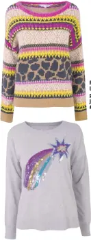  ??  ?? Pink leopard print jumper, £35 Sequin shooting star jumper, £35