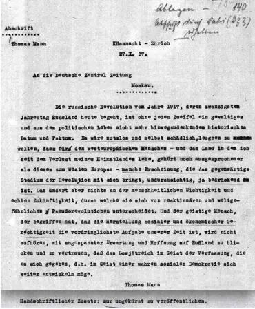  ??  ?? Abschrift des Briefes von Thomas Mann an die »Deutsche Zentral-Zeitung« vom 27. Oktober 1937