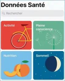  ??  ??   Vos données de santé sont classées selon quatre grandes rubriques visibles sur l’écran Données Santé.