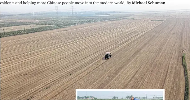  ?? PHOTOS BY THE NEW YORK TIMES ?? ABOVE An aerial view of a tractor plowing a field belonging to Zheng Chenggong, not pictured, who heads a large farming operation in Shanhui.