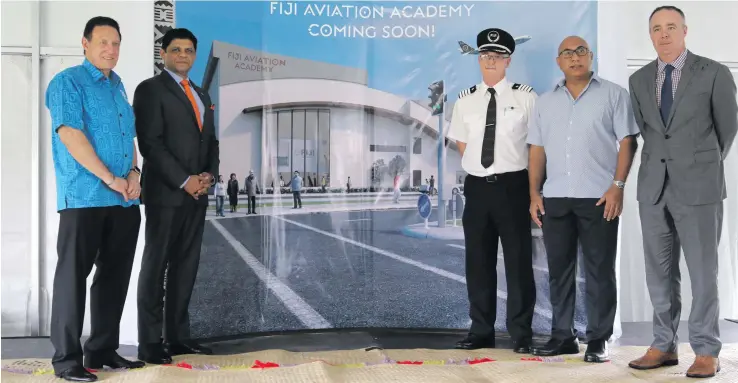  ?? Photo: DEPTFO News ?? From left: Fiji Airways Managing Director and chief executive officer Andre Viljoen, Attorney-General and Minister for Civil Aviation, Aiyaz Sayed-Khaiyum, Boeing 737 Fleet manager Captain Anthony Browne, Fiji Airways board chairman Rajesh Punja and...
