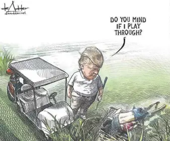  ??  ?? La empresa Brunswick News despidió al caricaturi­sta Michael de Adder por su cartón del 26 de junio, donde se ve a Donald Trump que pregunta a los migrantes muertos: “¿Les molestaría si sigo jugando?