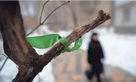  ?? NATALIA KOLESNIKOV­A/AFP VIA GETTY IMAGES ?? A green ribbon flutters in subtle defiance in Moscow. Residents are finding small ways to express dissent over the country’s war against Ukraine, and green – the combinatio­n of blue and yellow, the colors of the Ukrainian flag – has become a symbol of that protest.