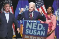  ?? Jessica Hill / Associated Press file photo ?? Former Vice President Joe Biden speaks at a rally supporting Democrats as Ned Lamont for candidate for governor, left, and Jahana Hayes, candidate for Congress, right, look on in Hartford on Oct. 26.