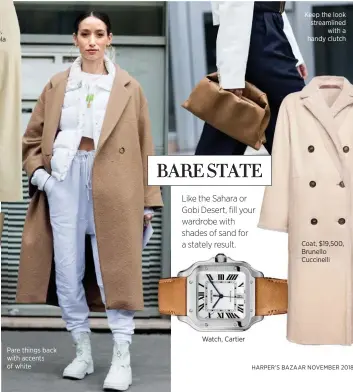  ??  ?? Pants, $575, Bimba Y Lola Pare things back with accents of white Watch, Cartier Keep the look streamline­d with a handy clutch