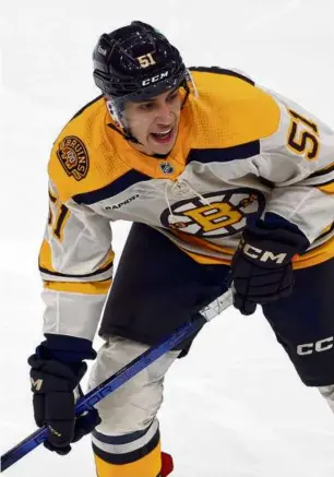  ?? MICHAEL DWYER/ASSOCIATED PRESS ?? Matt Poitras’s NHL career has consisted of only eight games, but the 19-year-old has seemingly shown enough to stick with the Bruins.