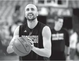  ?? Associated Press ?? San Antonio Spurs' Manu Ginobili warms up for Game 2 of the team's NBA basketball Western Conference final against the Golden State Warriors on May 16 in Oakland, Calif. Ginobili announced on Wednesday that he will play a 16th season with the Spurs....