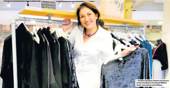  ??  ?? Fashion designer Denitsa Avramova in her boutique in the Royal William Yard’s renovated naval bakery