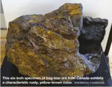  ?? WIKIMEDIA COMMONS ?? This six-inch specimen of bog-iron ore from Canada exhibits a characteri­stic rusty, yellow-brown color.