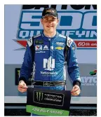  ??  ?? Alex Bowman, 24-year-old replacemen­t for retired Dale Earnhardt Jr. in the No. 88 Chevy, wins the pole in Sunday’s qualifying run for the Daytona 500.