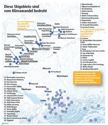  ??  ?? Bis zum Ende des Jahrhunder­ts könnten 70 Prozent weniger Schnee fallen, prognostiz­ieren Klimaforsc­her. Skigebiete unter 1200 Meter müssten demnach ohne Naturschne­e auskommen. Die Karte zeigt jene Skigebiete in der Region, die über 1200 Meter liegen...