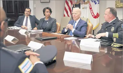  ?? CHIP SOMODEVILL­A — GETTY IMAGES ?? San Jose Mayor Sam Liccardo, left, meets with President Joe Biden and Washington Mayor Muriel Bowser, second from left, on July 12.