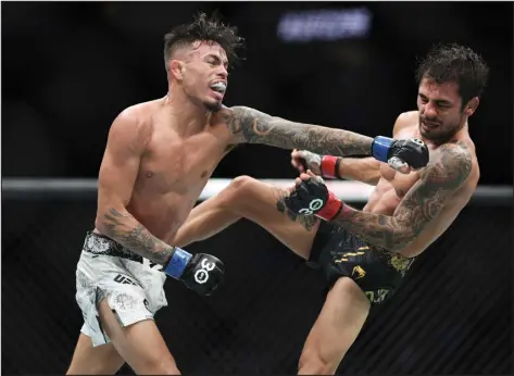  ?? SEAN M. HAFFEY — GETTY IMAGES ?? Colorado native Brandon Royval punches Alexandre Pantoja of Brazil in the flyweight title fight during the UFC 296 event at T-mobile Arena on Saturday night in Las Vegas, Nevada.