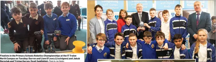  ?? Photo by Joe Hanley ABOVE: LEFT: Photos by Joe Hanley ?? Finalists in the Primary Schools Robotics Championsh­ips at the IT Tralee North Campus on Tuesday: Darren and Liam O’Leary (Lissivigee­n) and Jakub Dereylak and Tristan Garvey (Scoil Saidhbhín).Pupils of CBS Primary, Tralee, receiving the prize for driving skills from IT President Dr Oliver Murphy.Jamie O’Connor, Mark Farrell and Adam Crean from Aughacasla NS getting to grips with one of the robots at the competitio­n in the IT on Thursday.