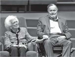  ??  ?? Former President George H.W. Bush and first lady Barbara Bush attend an awards ceremony at Congregati­on Beth Israel in Houston in March 2017. The former president, who turns 94 in June, was hospitaliz­ed Sunday with sepsis, an infection that spread to...
