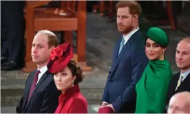  ??  ?? The Duke and Duchess of Sussex stand behind the Duke and Duchess of Cambridge, at Westminste­r Abbey. The service was their final official engagement before they quit royal life. Photograph: Phil Harris/Daily Mirror/PA