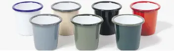  ?? FALCON ?? Falcon Enamelware’s mini tumblers (US$8 each, us.falconenam­elware.com). Enamelware is “incredibly versatile,” says Falcon’s creative director Emma Young. “It’s urban and rural ... casual and refined. It’s universal.”