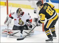  ?? ASSOCIATED PRESS PHOTO/GENE J. PUSKAR ?? The deciding game of the NHL’S Eastern Conference finals could very well come down to whether Ottawa goalie Craig Anderson (41) or Pittsburgh captain Sidney Crosby is the more brilliant tonight. But a little luck might also have a say in the outcome.