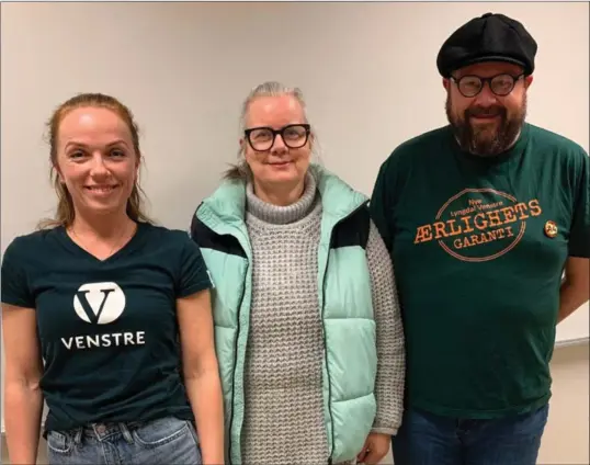  ?? FOTO: PRIVAT ?? Et utvalg medlemmer i Lyngdal Venstre. Fra venstre leder Cecilie Christine Hunt, nestleder Merete Hartmann og gruppelede­r i kommunesty­ret Steinar Bjørnstøl.