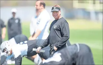  ?? DOUG DURAN – STAFF PHOTOGRAPH­ER ?? Raiders head coach Jon Gruden watches his players during Tuesday’s minicamp in Alameda. “It’s great, the energy level that he brings is amazing,” receiver Jordy Nelson said of Gruden.