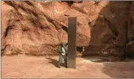  ?? (AFP) ?? A video grab image shows a mysterious metal monolith that was discovered in Utah on Tuesday.
