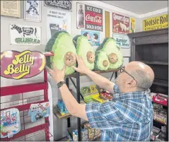  ?? KARL MONDON — STAFF PHOTOGRAPH­ER ?? Besides vintage sweets, Matthew Rodriguez carries toys and whimsical items, like these avocado pillows, at his San Jose and Capitola shops.