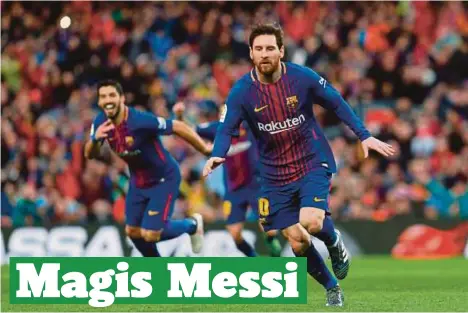  ??  ?? BINTANG Barcelona, Messi meraikan kejayaan selepas menjaringk­an gol sekali gus membenam Atletico Madrid.