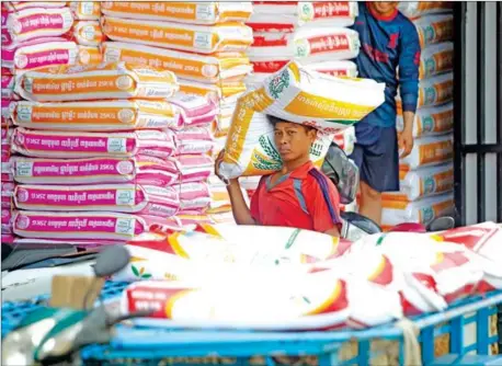  ?? HENG CHIVOAN ?? A worker loads sacks of rice onto his cart in Phnom Penh’s Meanchey district on January 3.