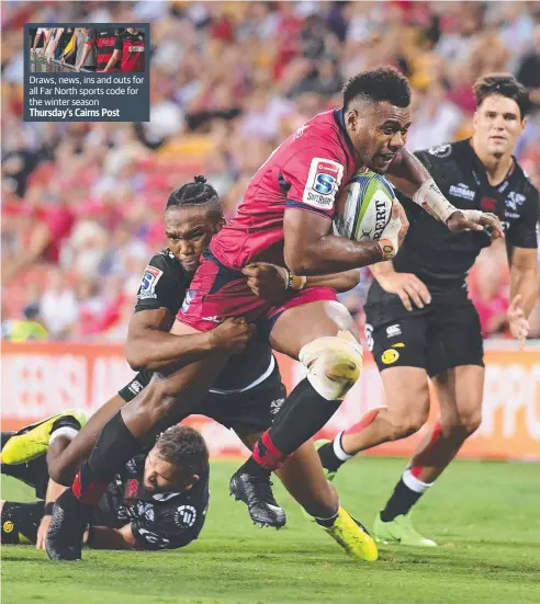  ?? Picture: AAP ?? TRY TIME: Reds player Sam Kerevi eyes the white line against the Sharks on Friday night at Suncorp Stadium.