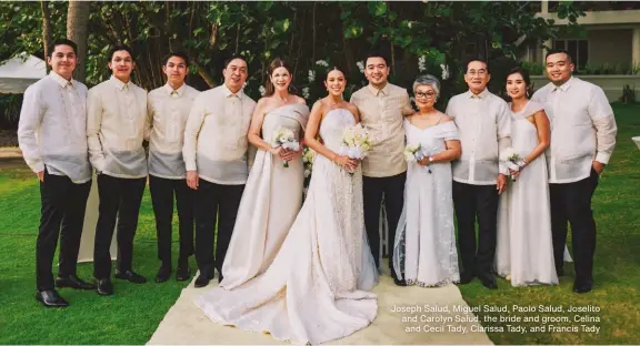  ??  ?? Joseph Salud, Miguel Salud, Paolo Salud, Joselito and Carolyn Salud, the bride and groom, Celina and Cecil Tady, Clarissa Tady, and Francis Tady