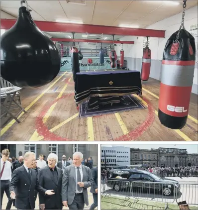  ?? PICTURES: GLENN ASHLEY. ?? CHAMPION TRAINER: Top, Brendan Ingle’s coffin laid out at his gym in Wilcobank, Sheffield, before his funeral yesterday; above, the service was attended by big names of the sport including Frank Warren, left; hundreds of people paid tribute outside the...
