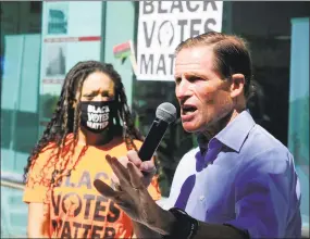  ?? Matthew Brown / Hearst Connecticu­t Media ?? Sen. Richard Blumenthal speaks to hundreds gathered in front of the Stamford Government Center to hold a Black Votes Matter Rally on June 13 in Stamford.