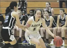  ?? PHOTO BY RANDY HOEFT/ YUMA SUN Buy this photo at yumasun.com ?? IN THIS DEC. 12, 2019, FILE PHOTO, Gila Ridge’s Yasmeen Alcala (left) tries to stop the drive of Cibola’s Myna Johnson during the first quarter of a game at Raider Gym.