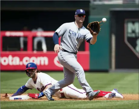  ?? MATT ROURKE — THE ASSOCIATED PRESS ?? Bryce Harper, bottom, advances to second base on a wild pitch ahead of the throw to San Diego Padres’ Ty France during the second inning. Harper left the game due to dehydratio­n and the Phillies lost.
