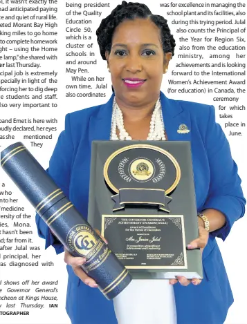  ?? IAN ALLEN/PHOTOGRAPH­ER ?? Janice Julal shows off her award during the Governor General’s Awards Luncheon at Kings House, St Andrew last Thursday.