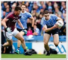  ??  ?? FLYING FORM: Dublin’s Jack McCaffrey (main) takes the ball ahead of Galway’s Johnny Heaney with Ciarán Kilkenny in support while Brian Fenton (right) races past Gareth Bradshaw at Croke Park